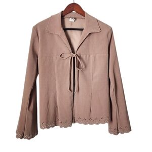 RAVE x VINTAGE tie front Y2K‎ scalloped trim long sleeve cardigan tan nude